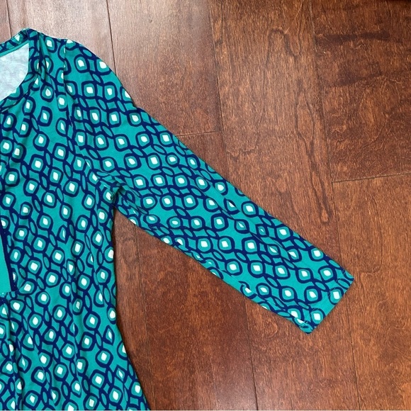 Boden Isobel Blue Geometric Tunic Dress with Grosgrain Ribbon Neckline, Size 2 - Picture 7 of 14